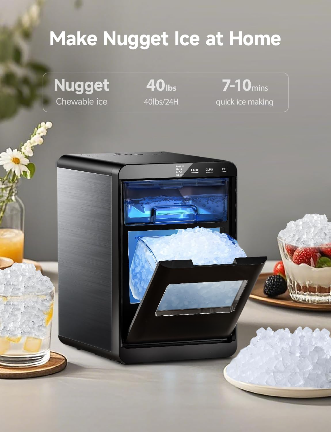 Countertop Nugget Ice Maker, 40Lbs/24H Self-Cleaning Pebble Pellet Ice Machine with Ice Scoop and Basket, Ideal for Home Kitchen Office