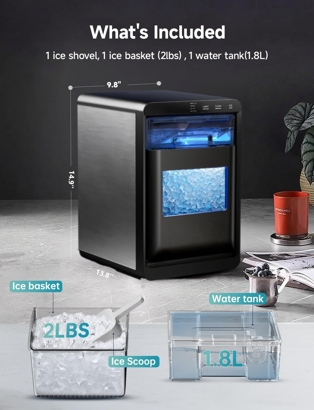 Countertop Nugget Ice Maker, 40Lbs/24H Self-Cleaning Pebble Pellet Ice Machine with Ice Scoop and Basket, Ideal for Home Kitchen Office