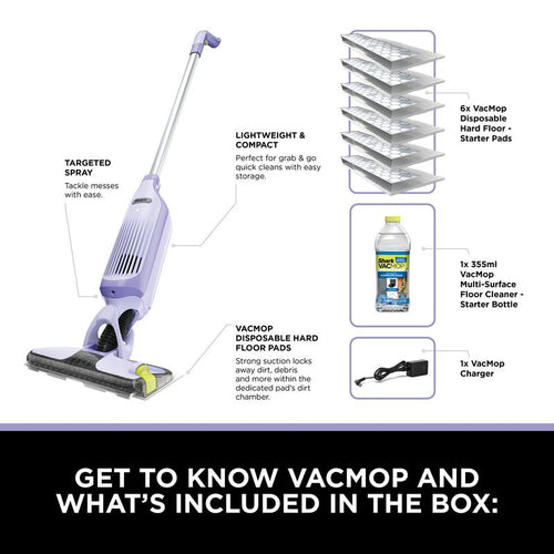 2-in-1 Cordless Hard Floor Vacuum and Spray Mop | Quick and Lightweight | Wipes Away Messes | with 6x Disposable Pad Refills and Multi-Surface Floor Cleaner